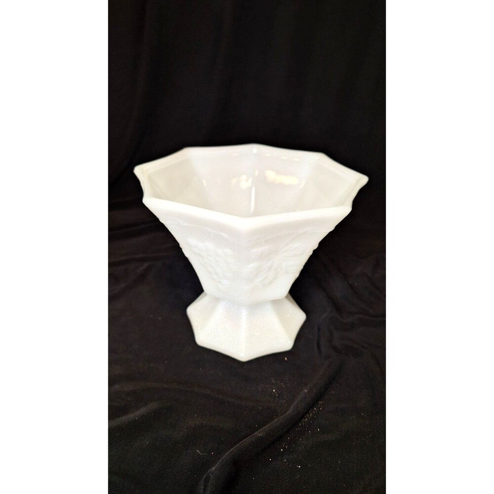 Anchor Hocking Milk Glass candy dish w/ grape leaves. 5" x 6" Hexagonal